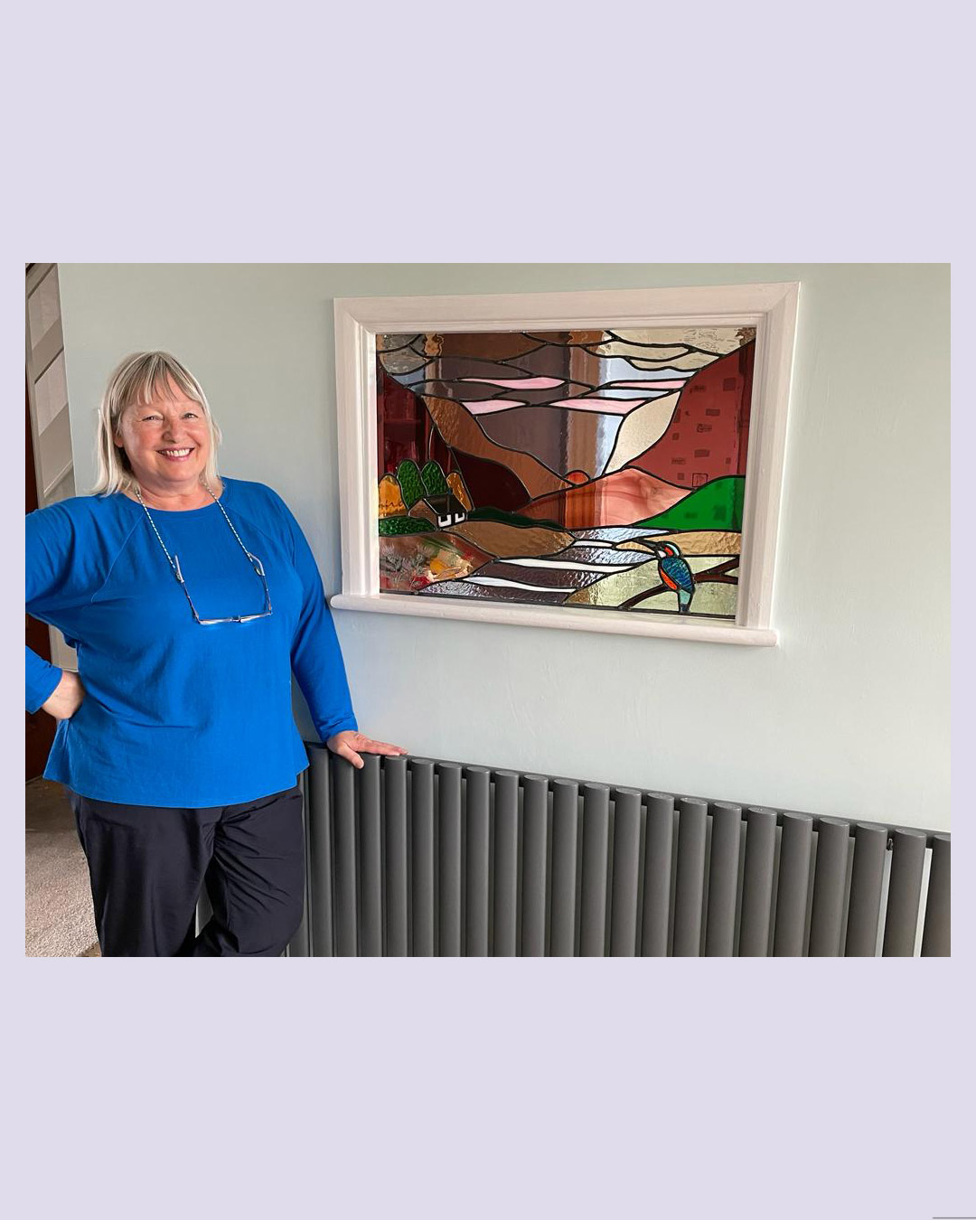 Colourful leaded glass panels replacing serving hatch doors by Linda Willshare