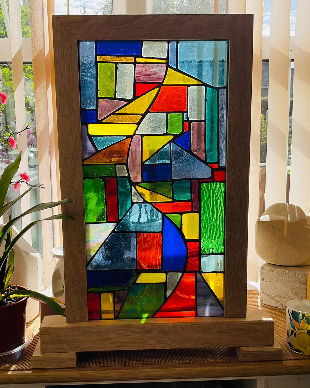 Colourful stained glass door panel by Boris Moscoff